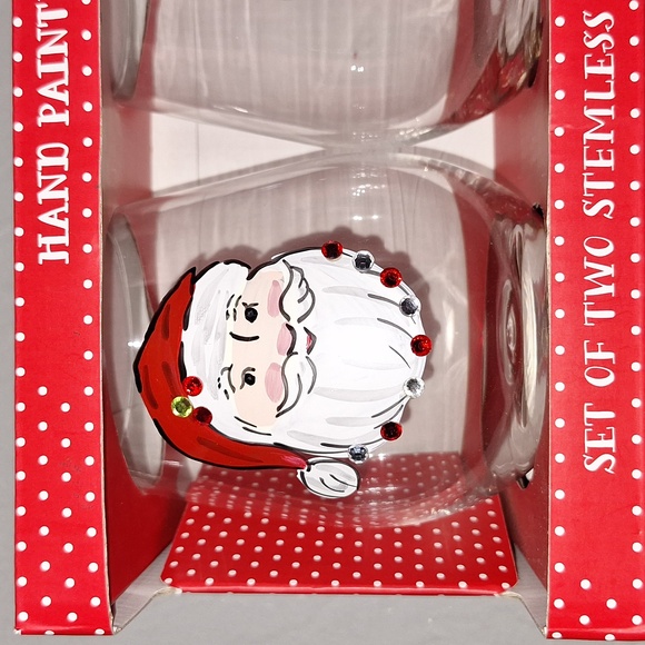 🎅 Santa & Mrs. Claus stemless wine glasses. Hand painted. Rhinestones. Set of 2 - Picture 7 of 13